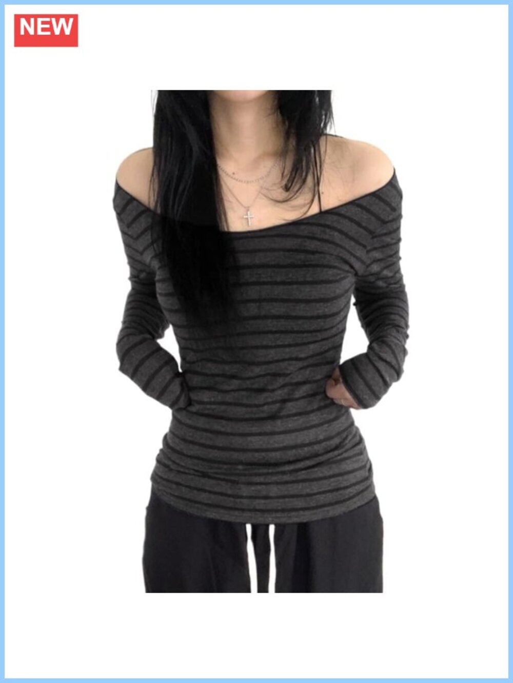 Long Sleeve Grunge Off Shoulder Striped Top Women Alt Emo Goth Y2k Streetwear